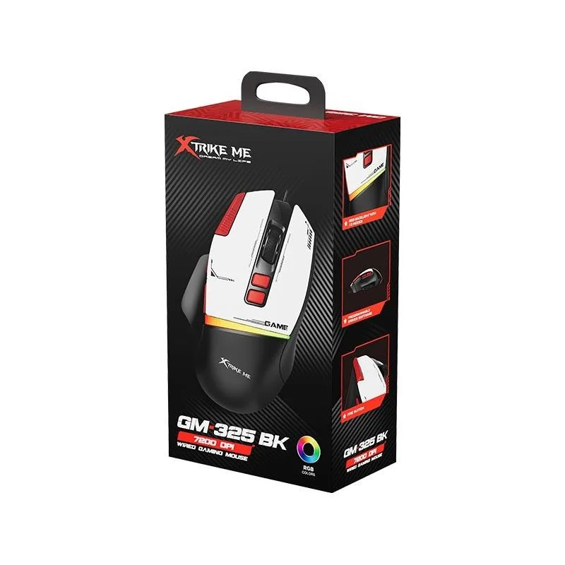 Mouse Gamer Xtrike-Me GM-325 BK 7.200 DPI, 125Hz, RGB (13 Modos), 8 Botones, Ultra Ligero 61g, Cable USB 1.5 mt