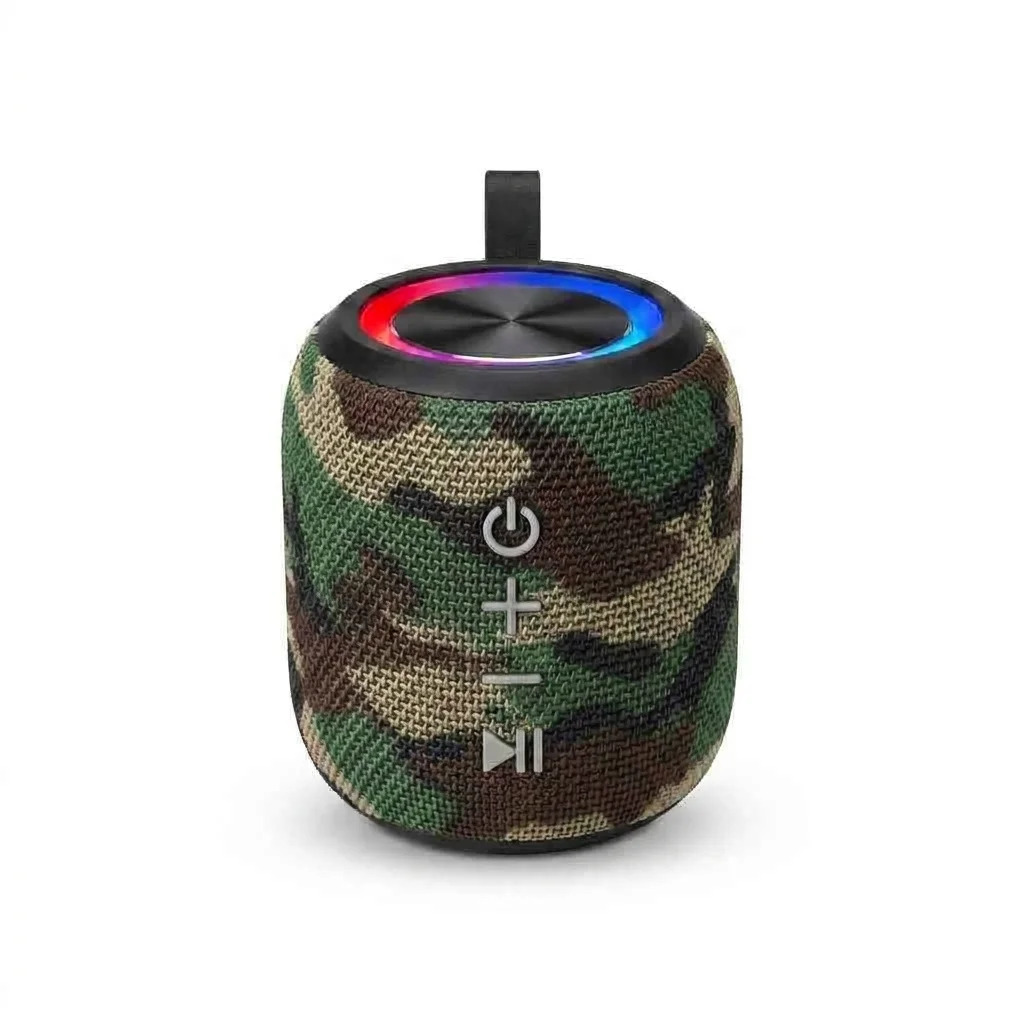 Parlante Bluetooth 5.0 HS-099C , Sonido 360°, 5W, led RGB, radio FM, lector USB y microSD, Bat. Recargable 1200mAh tipo camuflaje militar