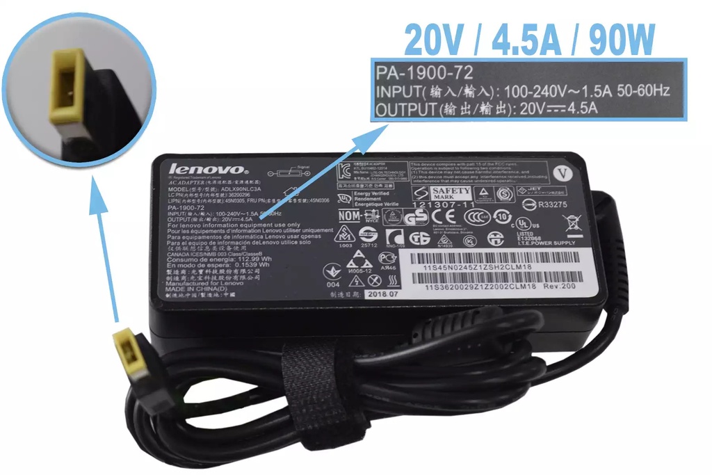 Cargador para Laptop Lenovo USB 20V/3.25A/65W, rectangular amarillo T.original