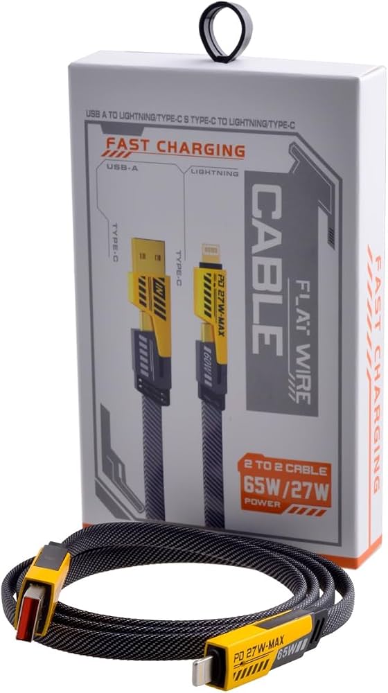 Cable Flat Wire 4 en 1 USB a Tipo C / Lightning o Tipo C a Tipo C, 65W/27W carga rápida 2.4A / negro-blanco