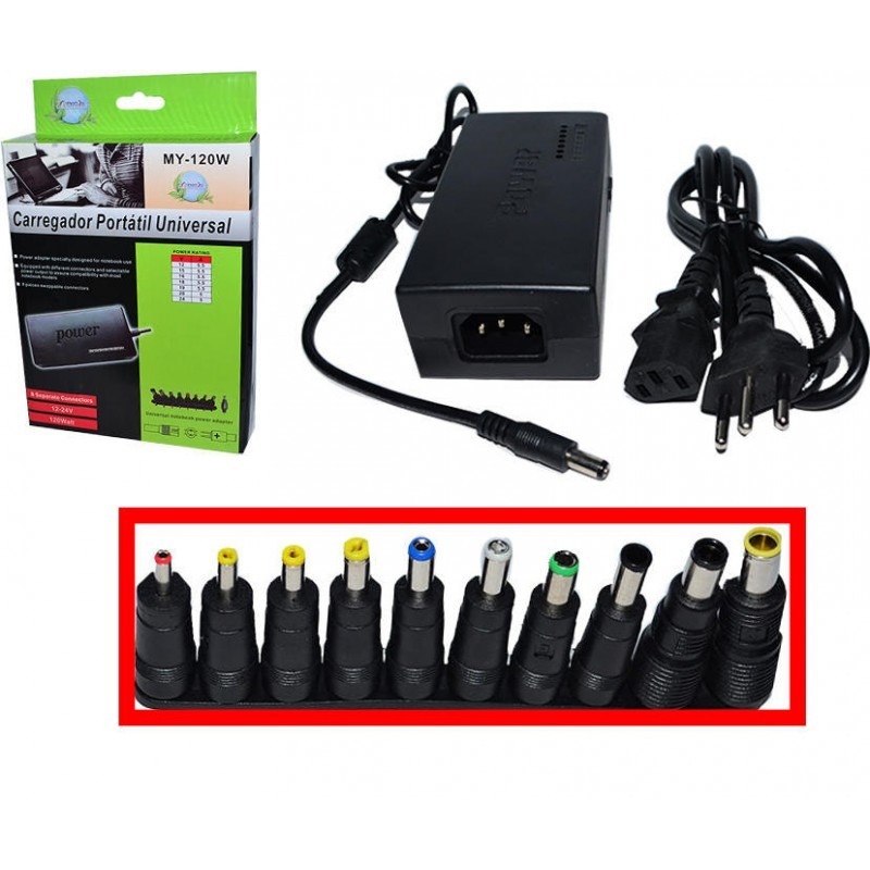 Cargador para laptop universal MY-120W, 12-24V/ 2.31A- 6.0A, 10 pines plug regulación manual 