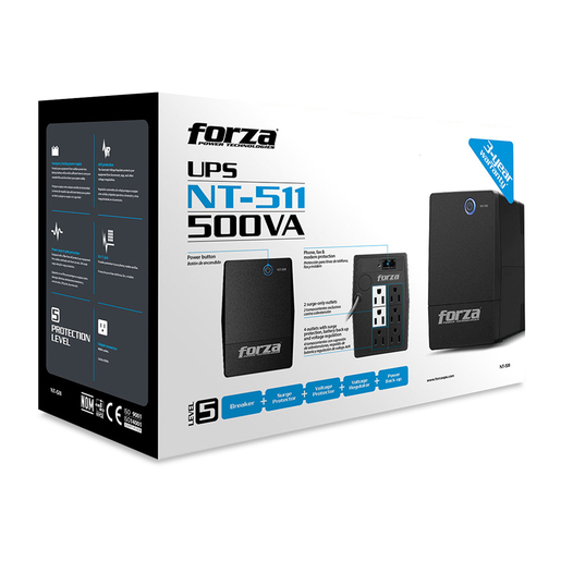 UPS Forza NT-511 Interactiva 500VA/250W, 6 salidas, RJ11, torre comp-120V, 18 minutos de respaldo