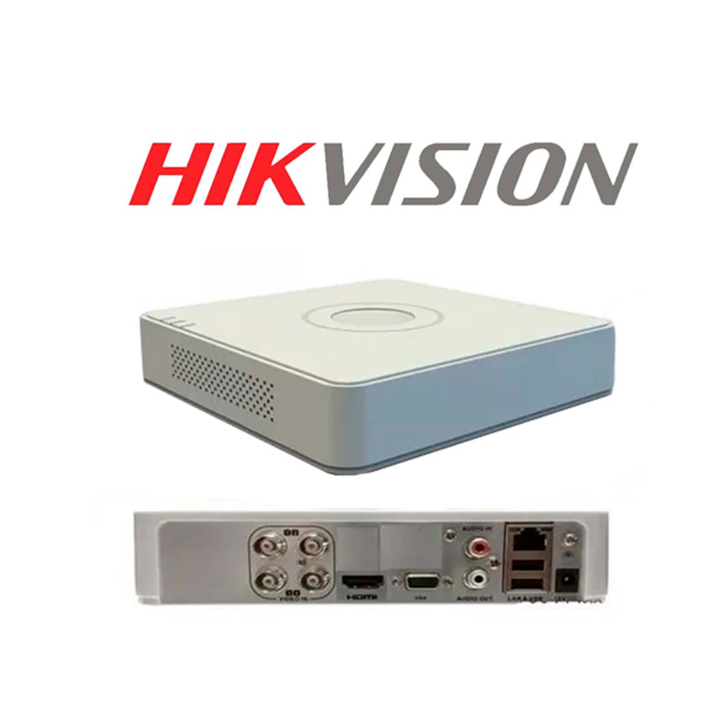 DVR HikVision DS-7104HGHI-M1(C);  4 Canales, H.265, entrada de video 1080P Lite en IP hasta 2MP, salidas HDMI, VGA, 2 USB – soporta hasta 4TB disco duro (no incluye), Audio Via Coaxial