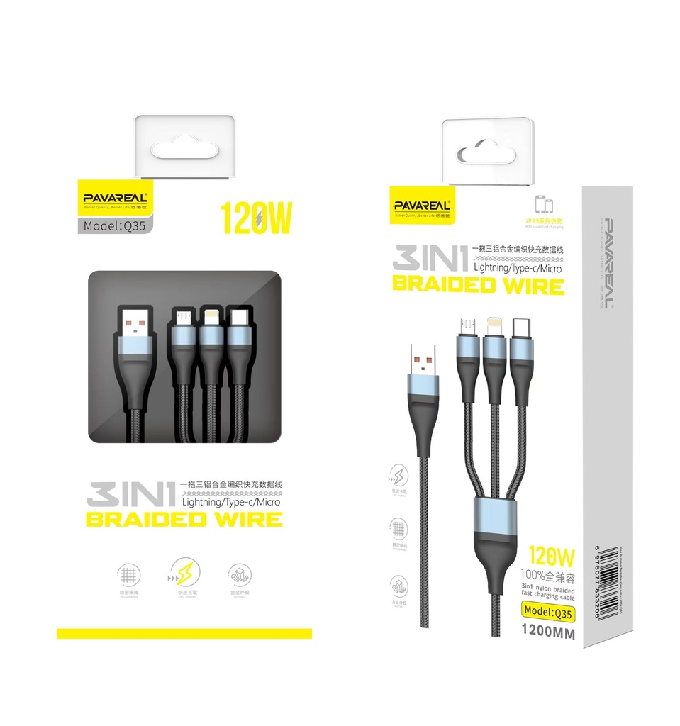 Cable de Datos triple Pavareal Q35, USB a tipo C, 120W carga rápida 6A 