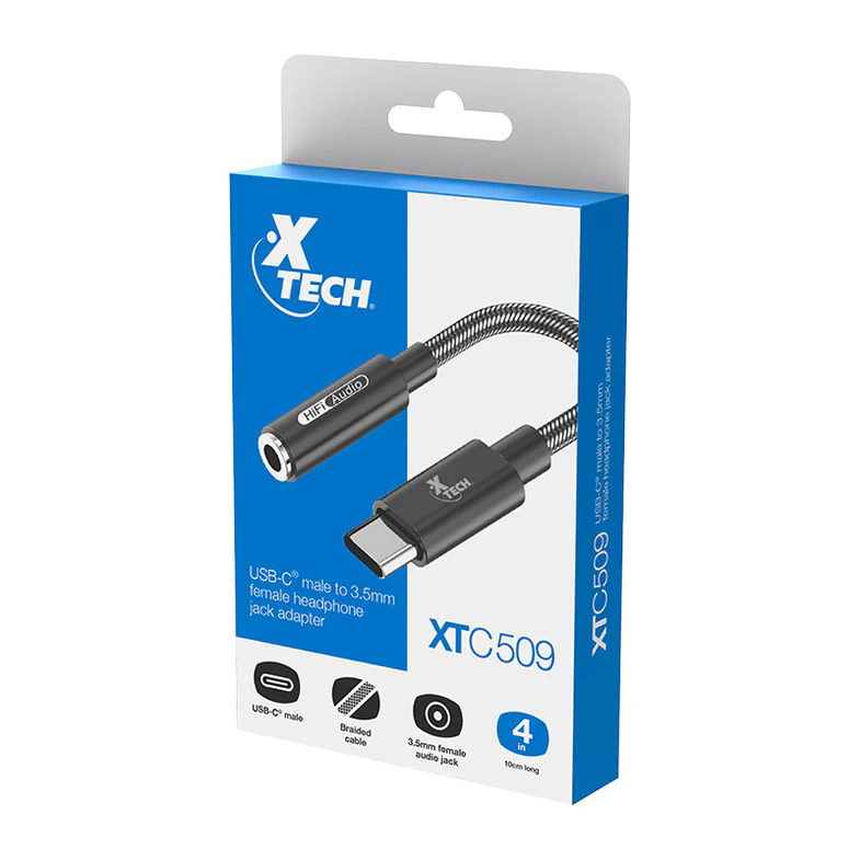 Adaptador Xtech XTC-509 Tipo C a Plug 3.5mm stereo audio, cable trenzado 10cm