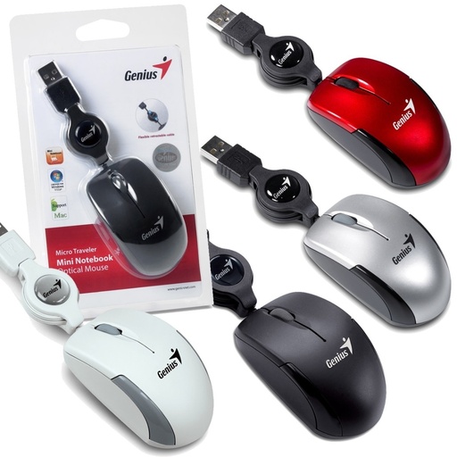 Mouse Genius Micro Traveller Retractil USB, 3 botones con cable para Laptop, color Negro