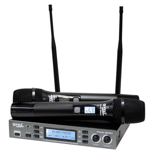 [GWM6537] Micrófono Inalambrico American Xtreme Multifrecuencia Doble UHF Perfomance con fuente de poder tipo C 5V y base 12V, 2 pilas AA, alcance 50 metros alrededor 
