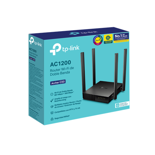 [RIACC1200C50] Router Inalambrico TP-Link Archer C50 AC1200, 4 antenas, Dual Band, 4 puertos 