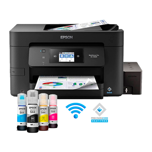 [WF4020+INKTANKDYE] Impresora Epson WF Pro EC-4020DWF, Multifuncion impresora-copiadora-escaner-Fax, duplex en impresion, Wifi, Ethernet, Impresion movil, Pantalla a color, bandeja inferior 250 hojas, 34 pag/min Monocromo,30 pg/min Color, Ecotank dye