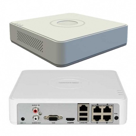 [NVRHVISIONDS7104NIQ14P] NVR HikVision DS-7104NI-Q1/4P;  4 Canales IP POE, H.265, UP to 1080P- Hdmi - Vga - 2 Usb – Soporte Disco Duro hasta  32TB (no incluye), Audio Via Coaxial