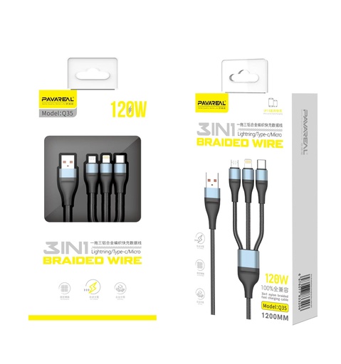 [CB3EN1PVRLQ35] Cable de carga 3 en 1 Pavareal Q35, USB a V8, tipo C, iphone, 120W carga rápida
