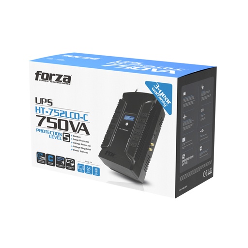 [UPSFORZANT750LCD] UPS Forza HT-750LCD Interactiva 750VA/450W, 12 salidas, coaxial, USB-A, USB-C, torre comp-120V, bateria 12V/7Ah, 25 minutos de respaldo